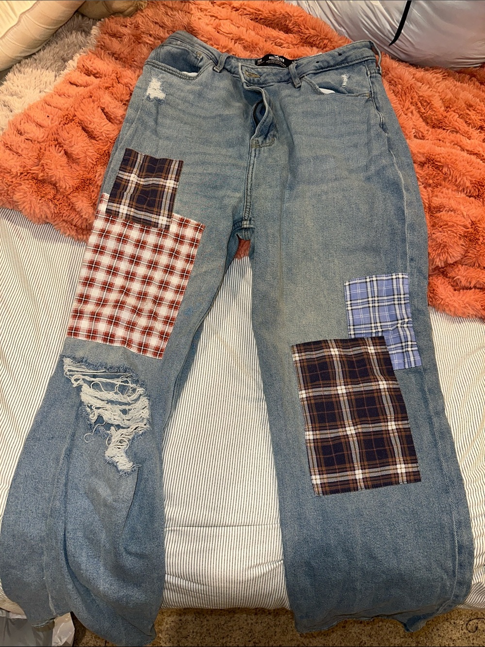Hollister Light Blue Relaxed Jeans with Plaid Patchwork